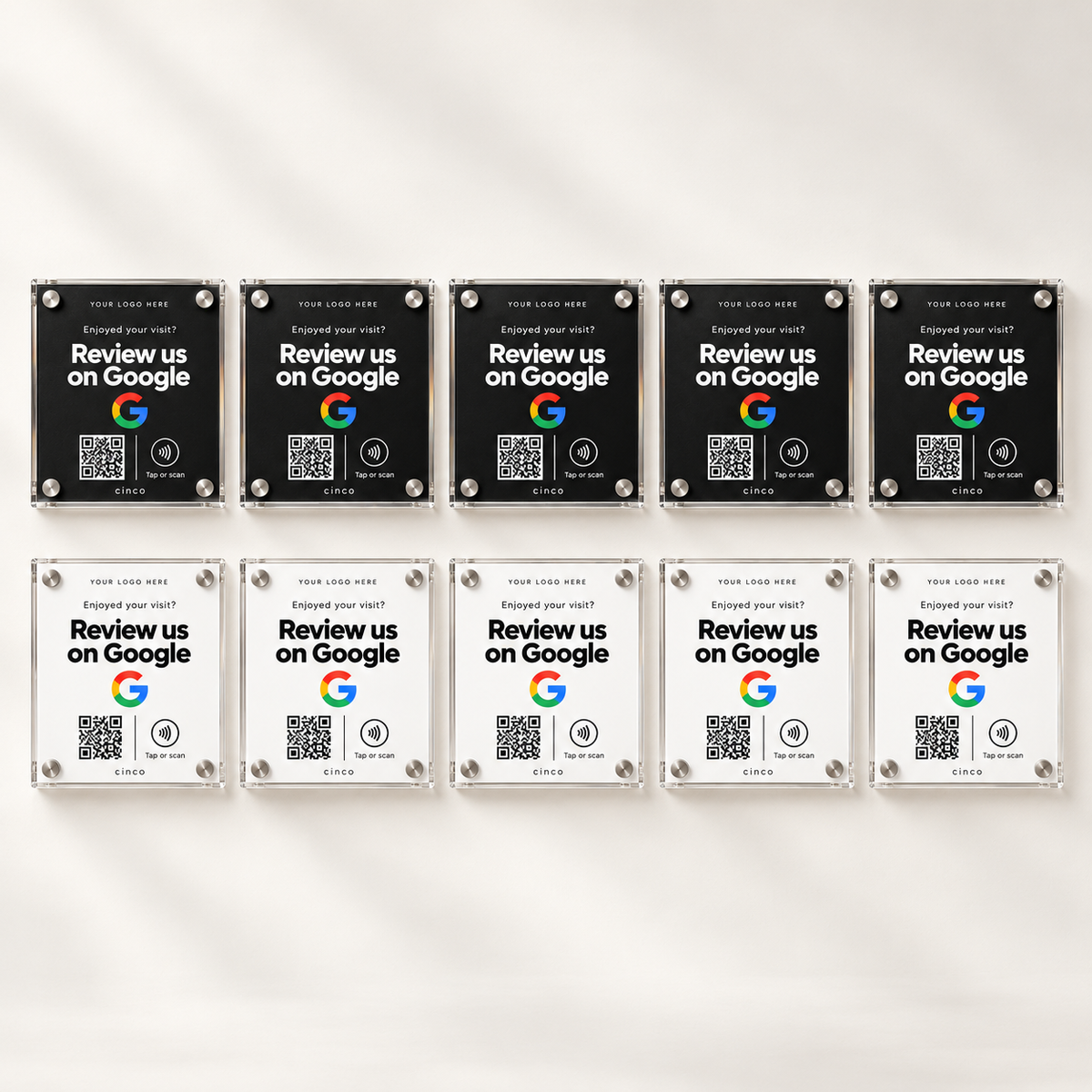 Ten Google Review plaques, five black and five white