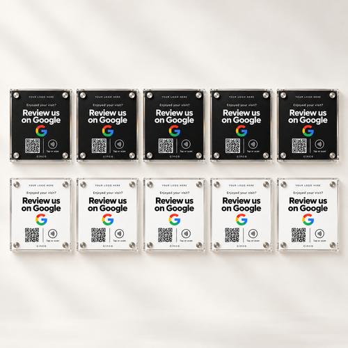 Ten Google Review plaques, five black and five white