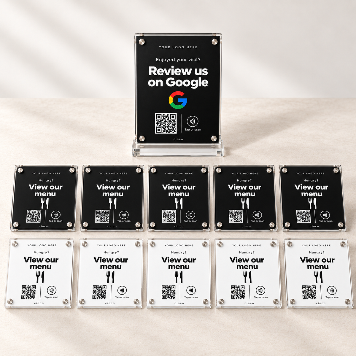 One Google Review stand with ten Digital Menu plaques